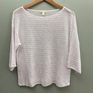 Eileen Fisher Sweater Womens XS White Organic Linen Open Knit 3/4 Sleeve
